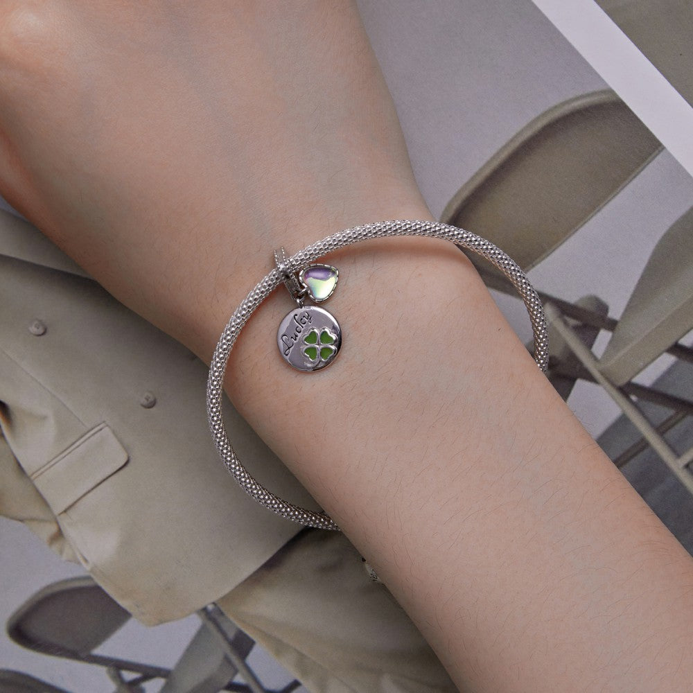Green Four-leaf Clover Round Shape with Glass Heart Lucky Dangle Charm