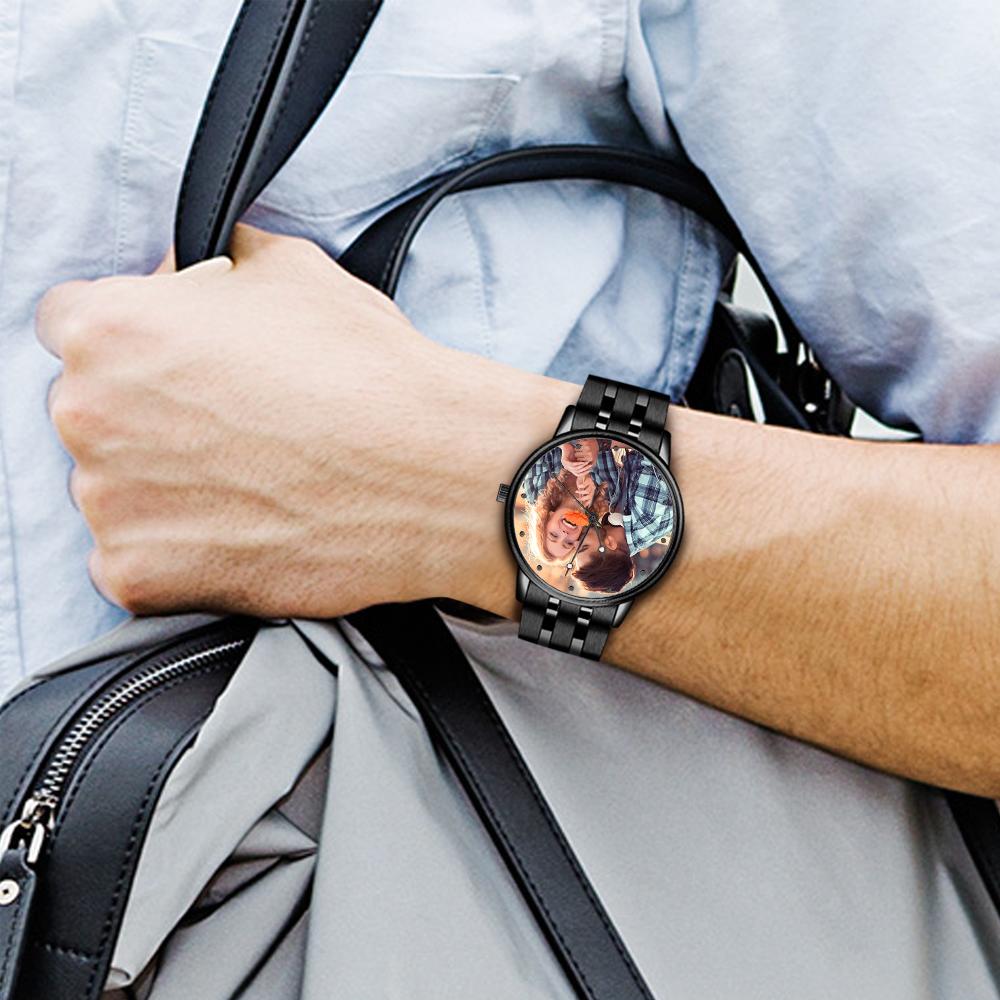 Men’s Engraved Photo Watch Calendar Black Alloy Bracelet Gift for Couple