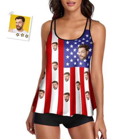 Custom Face Swimwear American Flag Tankini Bathing Suit for Women 2