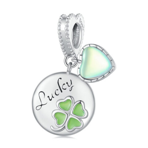 Green Four-leaf Clover Round Shape with Glass Heart Lucky Dangle Charm