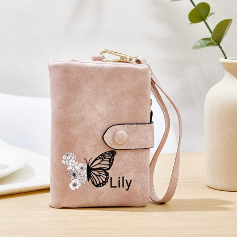 Custom Tri-Fold Butterfly Birth Flower Leather Wallet with Coin Holder Personalized