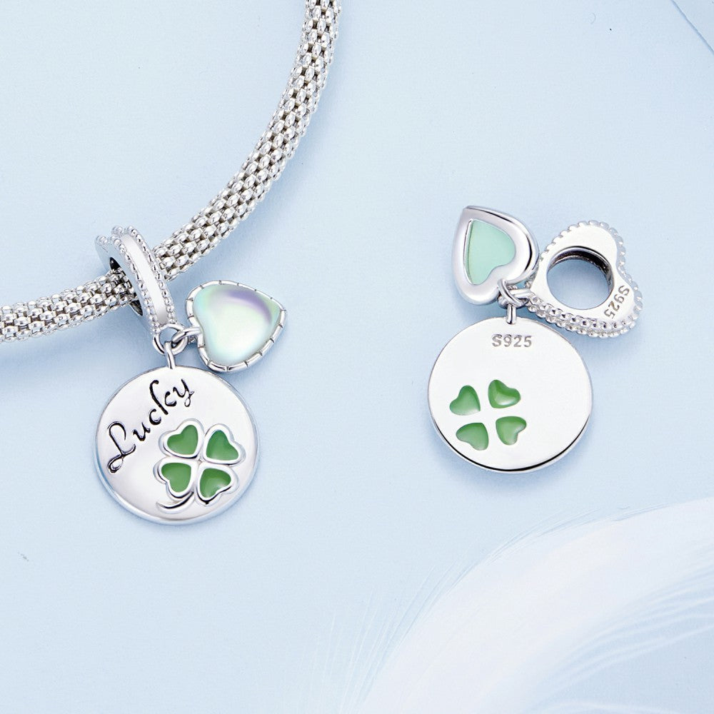 Green Four-leaf Clover Round Shape with Glass Heart Lucky Dangle Charm